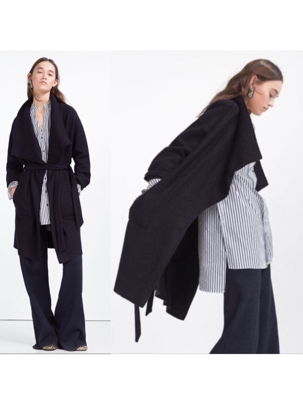 NWT ZARA Navy Blue Wool Belted Coat Sz S